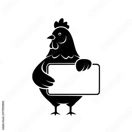 A clever chicken holds a blank sign for you to add your custom message. Capturing a simple, iconic drawing of a chicken holding a rectangular sign with a lot of copy space. vector illustration