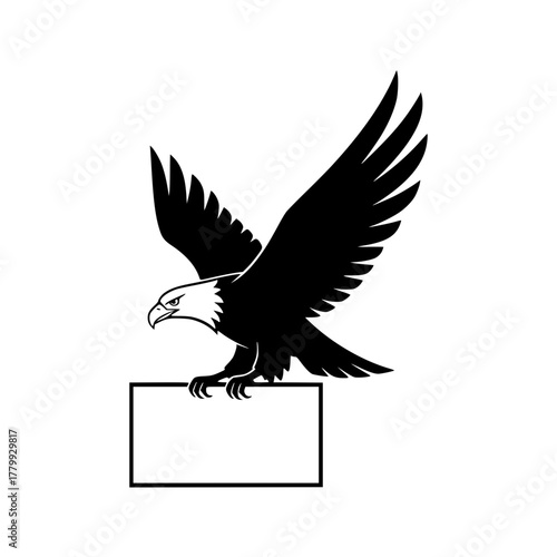 An eagle perches majestically, its powerful wings spread wide as it prepares to take flight, gripping a blank sign, an embodiment of freedom and authority. vector illustration