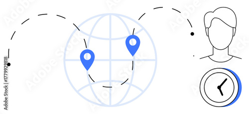 Blue location pins on a globe with dotted connection path, human profile outline, clock icon. Ideal for global business, communication, scheduling, travel, networking logistics productivity. Simple