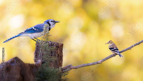 blue jay and goldfinch against golden background