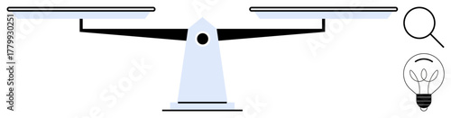 Balance scales with one side slightly raised, magnifying glass, and lightbulb at the side. Ideal for justice, fairness, analysis, innovation, problem-solving research weighted choices. Minimal flat