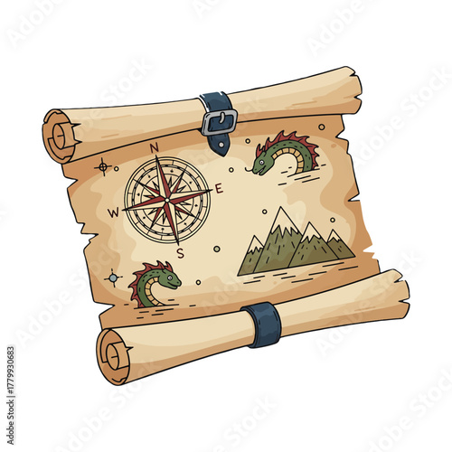 A vintage rolled-up pirate treasure map showing mountains, a compass rose, and sea monsters vector illustration.