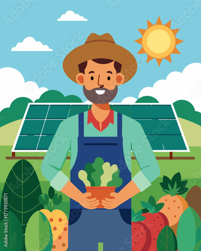 A farmer proudly shows off their solarpowered greenhouse filled with rows of bountiful vegetables grown sustainably.. Vector illustration