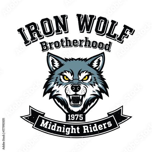 Iron Wolf Brotherhood Midnight Riders T-shirt Design and Head of a snarling wolf mascot for the vector illustration.