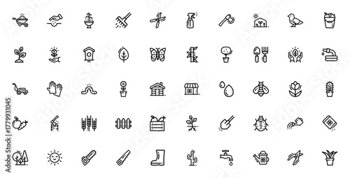 Gardening icon set. Vector illustration. Includes sybols for wheelbarrow, seed fountain, rake, scissors,greenhouse, flower, butterly, watering can and more.Editable stroke.