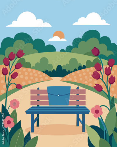 A rustic bench surrounded by blooming flowers serving as the perfect spot for a virtual team meeting against the backdrop of a stunning vineyard terrace.. Vector illustration