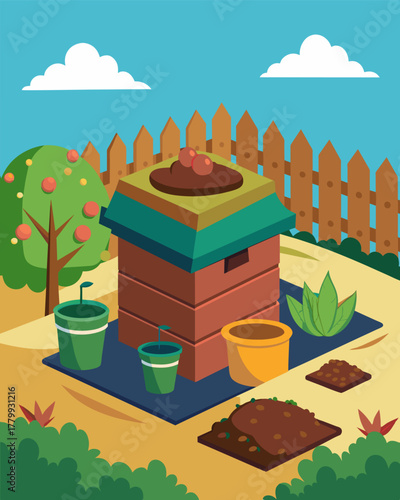 A composting bin could be spotted in the corner of the yard reducing waste and creating nutrientrich soil for the garden.. Vector illustration