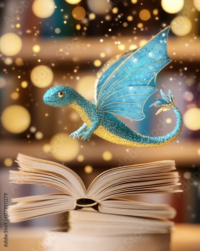Blue and Gold Glitter Dragon Hovering Over Open Book with Sparkle Effects in a Warm Library Setting with Bokeh Lights