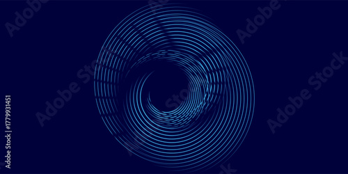 Blue abstract background with glowing circles. Swirl circular lines pattern. Geometric spiral. Twirl element. Modern graphic design. Futuristic technology concept. Vector illustration