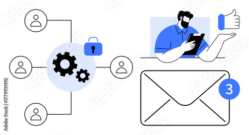 Network diagram with gears, lock for security, collaborative user, thumbs up, and email notification. Ideal for teamwork, communication, security, data protection workflow updates simple flat