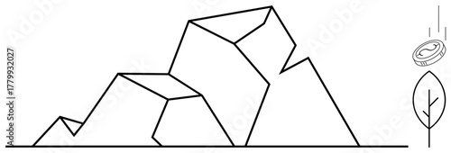 Geometric mountain peaks, a minimalist tree, and a falling coin emphasize progress, opportunity, balance, growth, decision-making, environmental awareness and financial achievement. Simple flat