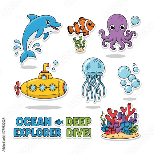 A friendly dolphin, a clownfish, an octopus, and a jellyfish swim near a yellow submarine and coral reef vector illustration.