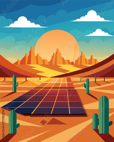 A desert landscape with rows upon rows of solar panels providing energy to nearby towns and cities.. Vector illustration