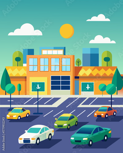 A bustling shopping mall with designated parking spots for electric cars each equipped with a solarpowered charging point.. Vector illustration