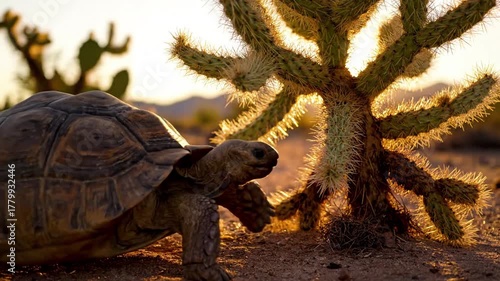 Vast desert landscape at sunrise, dotted with various species of cacti including prickly pear and barrel cacti, stretching towards distant mountains. Wide establishing shot from an elevated?