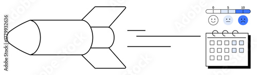 Rocket speeding forward, satisfaction and progress tracker with happy face scale, and a calendar. Ideal for innovation, productivity, time management, goal-setting, motivation, success growth