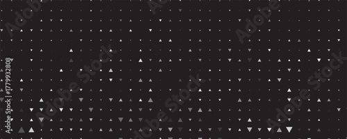 Seamless background pattern of evenly spaced white triangle symbols of different sizes and opacity. illustration on black background with stars