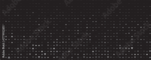 Seamless background pattern of evenly spaced white triangle symbols of different sizes and opacity. illustration on black background with stars