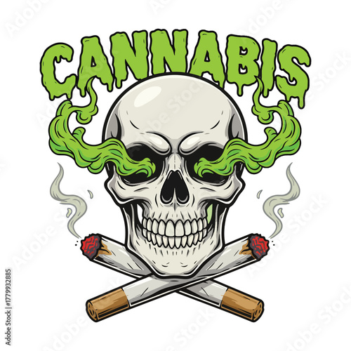 A menacing skull with green smoke pouring from its eye sockets has two crossed cannabis joints below it vector illustration.