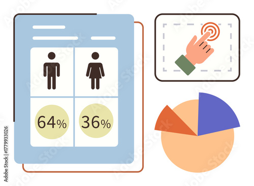 Gender ratio data with male and female icons, interactive touch input, pie chart visualization. Ideal for demographics, analytics, research, surveys, reports, user interface flat metaphor
