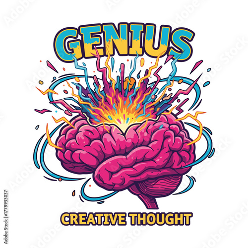 A vibrant pink brain explodes with colorful artistic energy, symbolizing genius and the power of creative thought vector illustration.