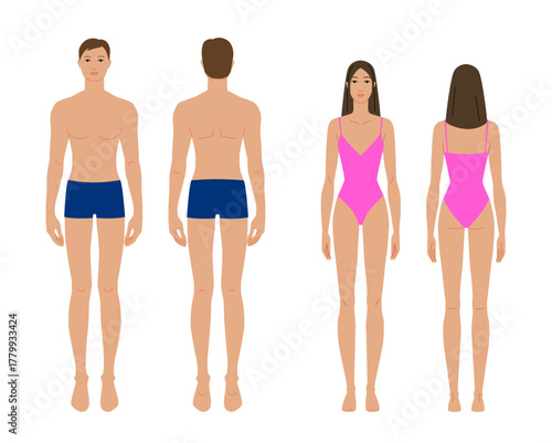 Male and female body template front and back view, Tan beige skin tone diversity man, woman. Flat vector anatomy model for fashion design, garment fitting, proportions, measurement, art reference