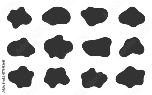 Blobs set flat silhouette style. Smear sign abstract forms. Black splash shapes. Daub creative, smudge blot dynamic frames. Spot dab figure, swipe contour brush. Stroke wipe structures, scrub rub