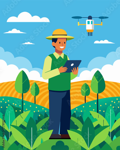 A farmer stood amidst his lush soybean fields controlling a solarpowered drone that surveyed the land for pests and diseases allowing for targeted and sustainable treatment.. Vector illustration