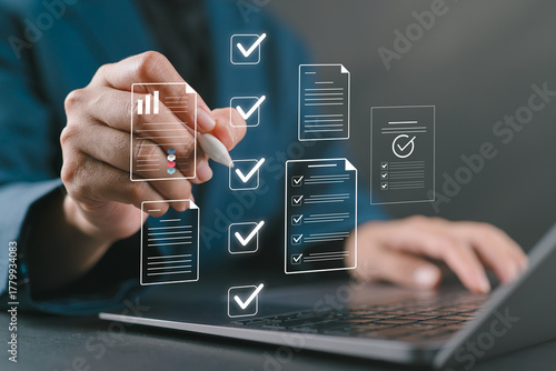 Accountant showing office document auditing concept, plan review process and assess correctness, Management of important document storage of organization, document system, accountant Audit documents