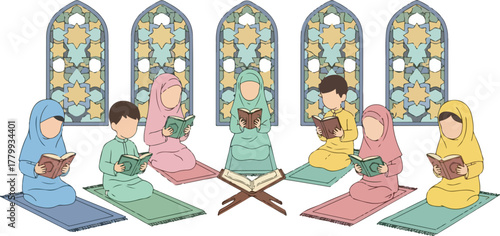Muslim children and an adult reading the Quran in a mosque setting with ornate windows.