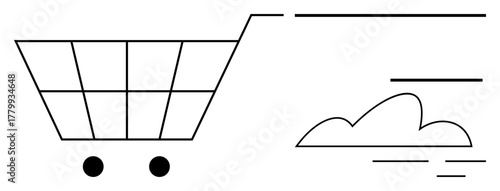 Shopping cart in motion with futuristic speed lines and cloud accent. Ideal for e-commerce, online shopping, delivery, logistics, fast service, retail innovation, simple flat metaphor