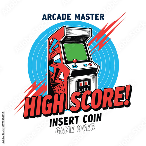 Retro arcade game machine with a high score message, a nostalgic symbol of 80s and 90s gaming  T-shirt design vector illustration