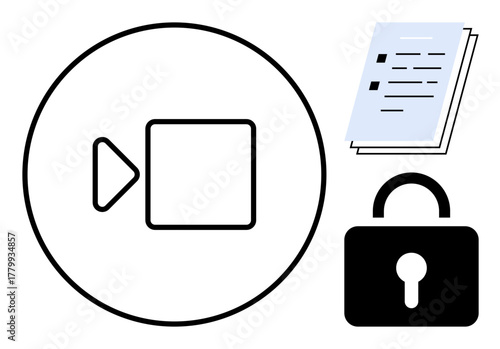 Video camera icon inside a circle, stack of documents, and padlock signify digital recording, document supervision, and secure file management. Ideal for technology, privacy, communication, online