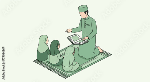 Muslim teacher instructing three young girls in a religious class, reading from a holy book on a prayer mat.