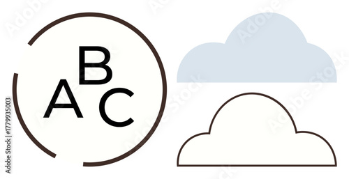 Three letters A, B, and C inside a circular outline and two cloud outlines, one filled in light blue. Ideal for education, communication, simplicity, creativity, cloud storage design branding