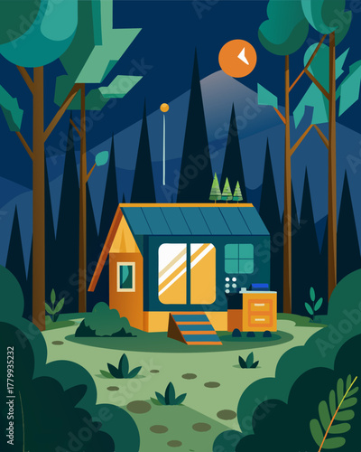 A hidden gem of an art space located deep within a forest and powered by a small ecofriendly solar generator showcasing unique handcrafted pieces.. Vector illustration