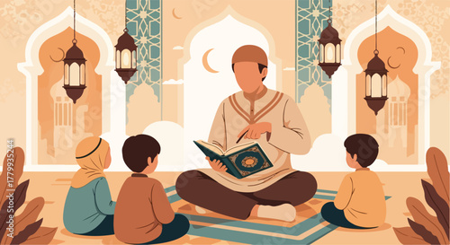 A Muslim teacher instructs children in a mosque, reading from the Quran during an Islamic education session.