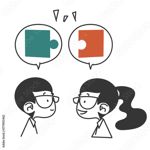 hand drawn doodle cartoon man and woman talking with matching puzzle inside bubble