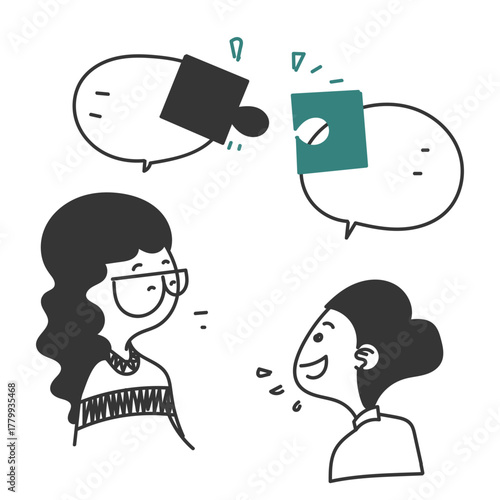 hand drawn doodle cartoon man and woman talking with matching puzzle inside bubble