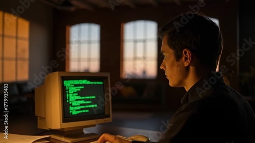 Young Man Coding on Vintage Computer in Dimly Lit Room at Sunset.