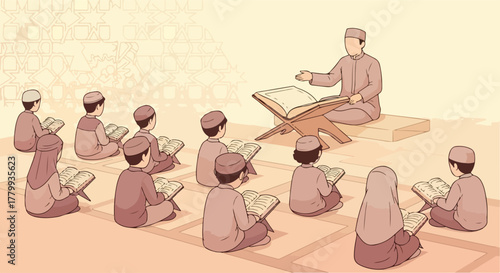 A Muslim teacher instructing young students in a religious class, all reading from books.