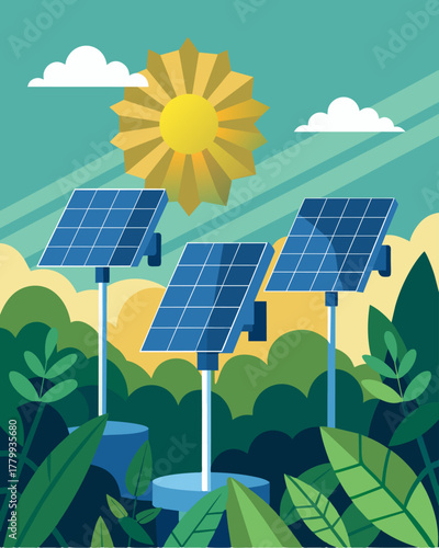 A group of solar panels gleaming in the sun providing power for a network of remote monitoring cameras spread throughout a dense jungle.. Vector illustration