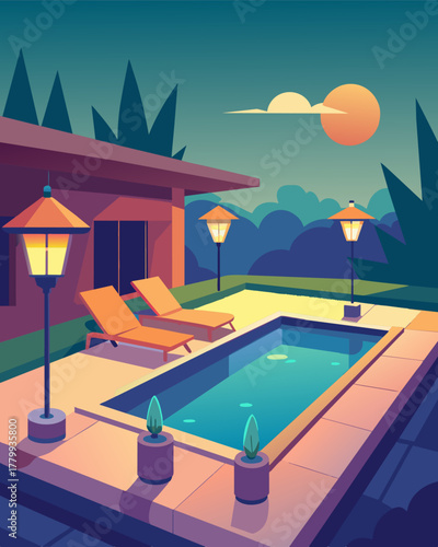 A backyard oasis complete with a pool and lounge chairs enhanced by the soft and calming light of solar garden lanterns.. Vector illustration