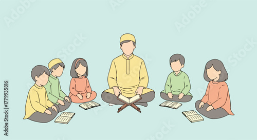 Muslim teacher and children studying Quran in a religious education class.