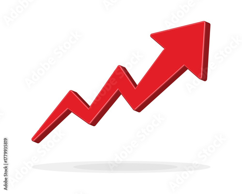 Growing business 3d glossy arrow up on white background. Profit 3d red arrow, Vector.Business concept, growing chart. Sales symbol icon with arrow moving up. Economic Arrow With Growing Trend.	