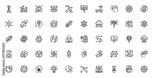 Technology icon set. Minimal vector icons pack. Incldes symbols for smartphone cloud computing, network,settings, analytics, develpment, AI, and more. Editale stroke.