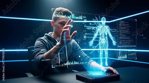 Young man interacting with futuristic holographic interface displaying human anatomy and data.