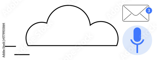 Cloud with movement lines, microphone icon, and email notification badge. Ideal for technology, communication, cloud computing, voice assistant, connectivity, messaging digital tools simple flat