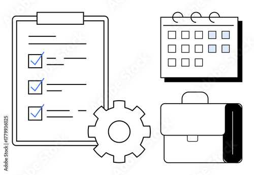 Task checklist, gear, calendar, and briefcase representing organization, productivity, teamwork, planning, efficiency goal setting time management. Ideal for projects scheduling and business
