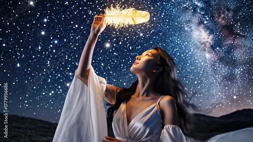 Young Woman Holding Glowing Feather Under Starry Night Sky.
